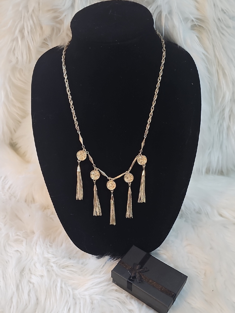 Gold-tone Tassel Crystal Coin Pendant Necklace - #106